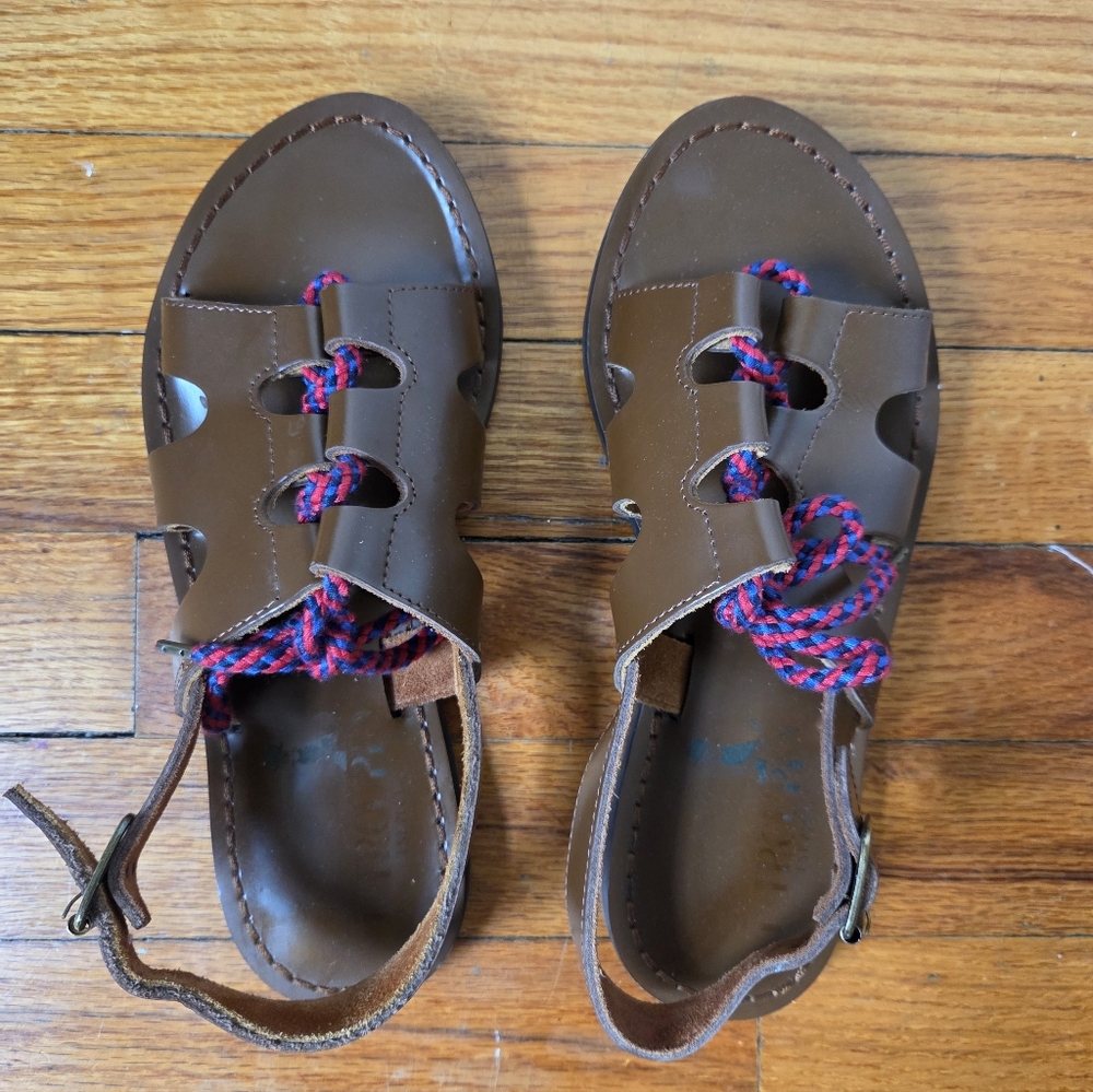 F-Troupe Brown Leather Gladiator Sandals with Red & Blue Rope Laces